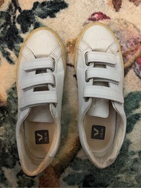 Veja White Leather Velcro Sneakers with Tan Outsole